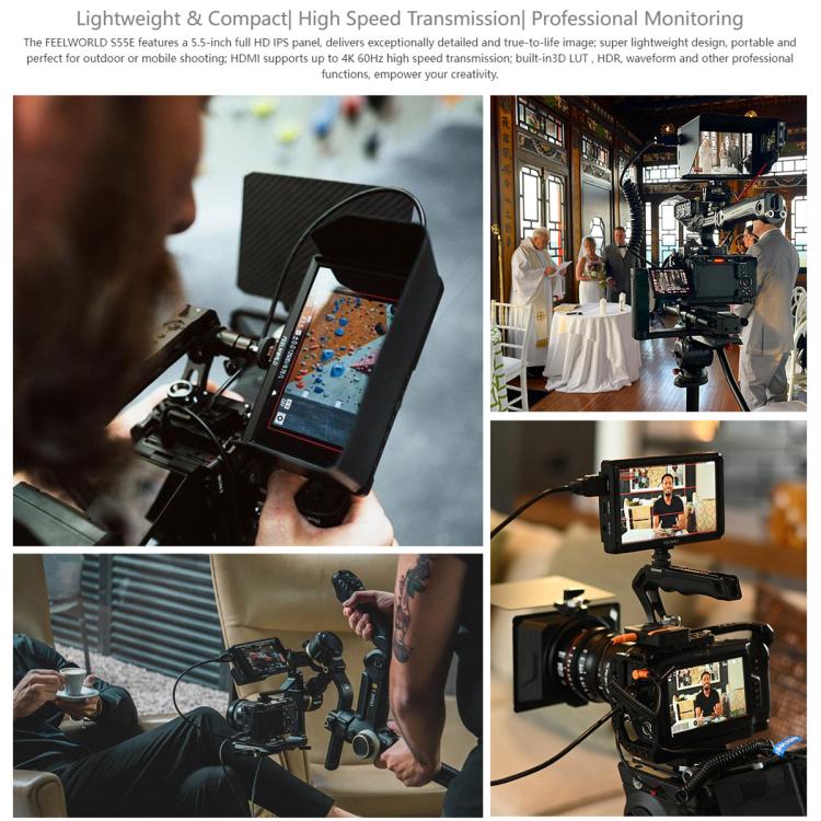 FEELWORLD S55E Monitor de vídeo de campo para cámara DSLR de 5,5 pulgadas, FHD IPS, compatible con 4K, entrada y salida HDMI, brazo inclinable, salida de alimentación