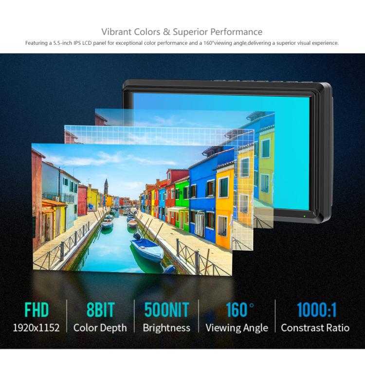 FEELWORLD S55E Monitor de vídeo de campo para cámara DSLR de 5,5 pulgadas, FHD IPS, compatible con 4K, entrada y salida HDMI, brazo inclinable, salida de alimentación