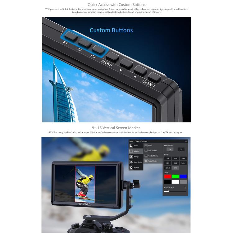 FEELWORLD S55E Monitor de vídeo de campo para cámara DSLR de 5,5 pulgadas, FHD IPS, compatible con 4K, entrada y salida HDMI, brazo inclinable, salida de alimentación