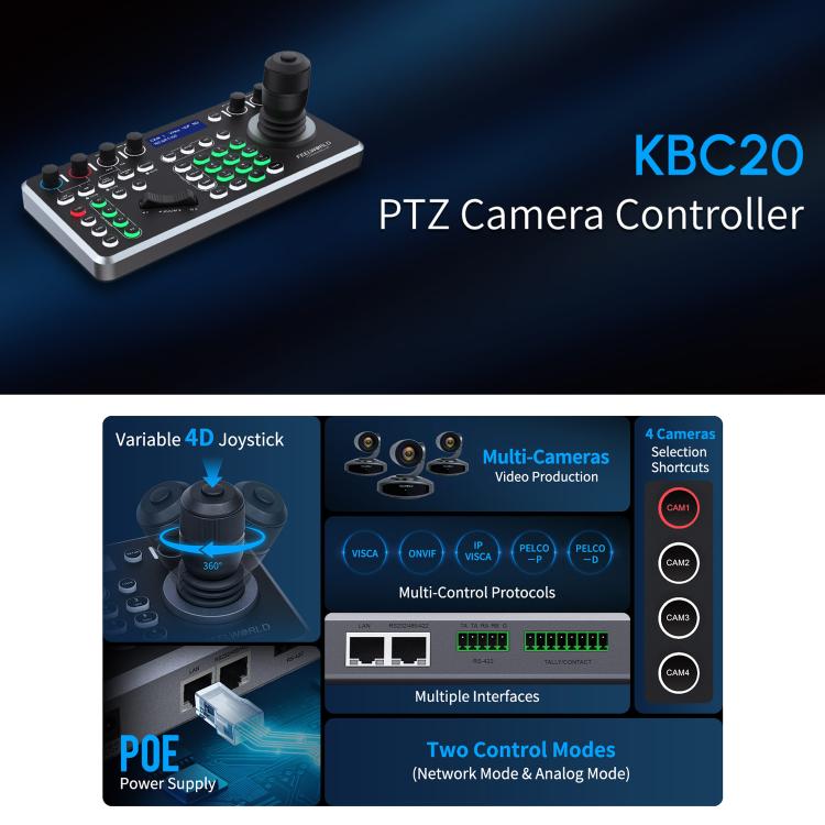 Controlador de cámara PTZ NDI FEELWORLD KBC20 con joystick y teclado, compatible con múltiples protocolos de control PoE., EU Plug, US Plug, UK Plug, AU Plug
