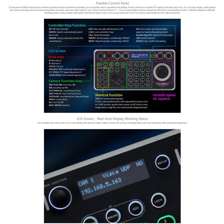 Controlador de cámara PTZ NDI FEELWORLD KBC20 con joystick y teclado, compatible con múltiples protocolos de control PoE., EU Plug, US Plug, UK Plug, AU Plug