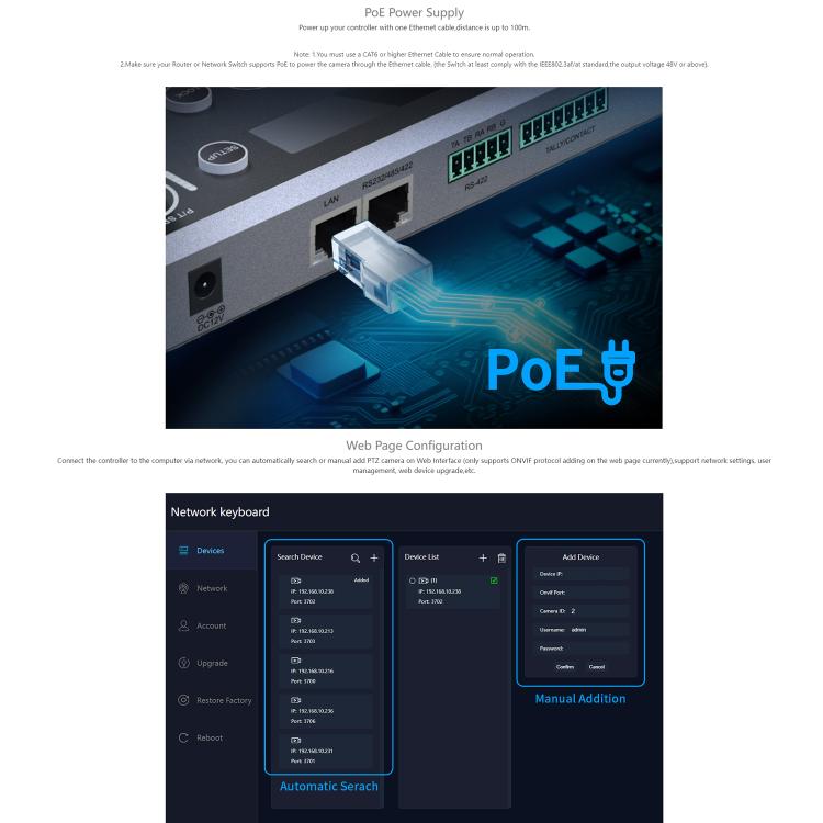 Controlador de cámara PTZ FEELWORLD KBC20N NDI con joystick y teclado, compatible con múltiples protocolos de control PoE., EU Plug, US Plug, UK Plug, AU Plug