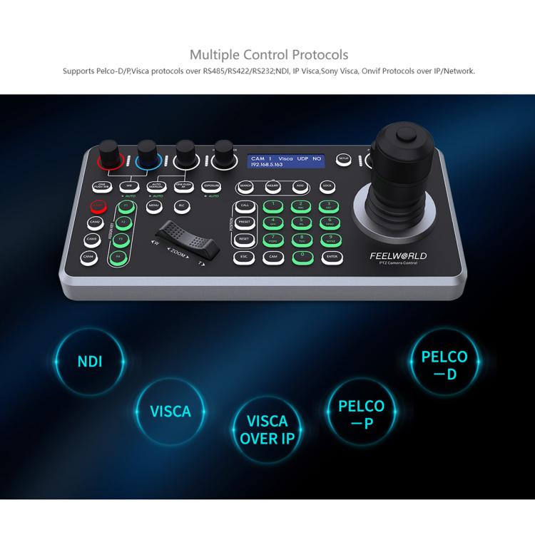 Controlador de cámara PTZ FEELWORLD KBC20N NDI con joystick y teclado, compatible con múltiples protocolos de control PoE., EU Plug, US Plug, UK Plug, AU Plug