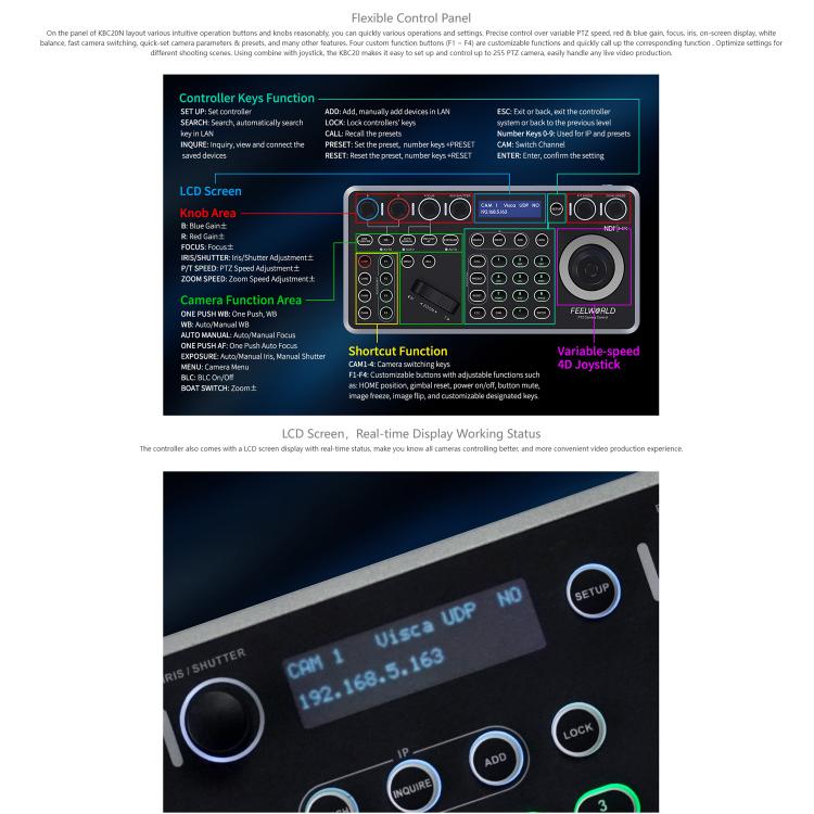 Controlador de cámara PTZ FEELWORLD KBC20N NDI con joystick y teclado, compatible con múltiples protocolos de control PoE., EU Plug, US Plug, UK Plug, AU Plug