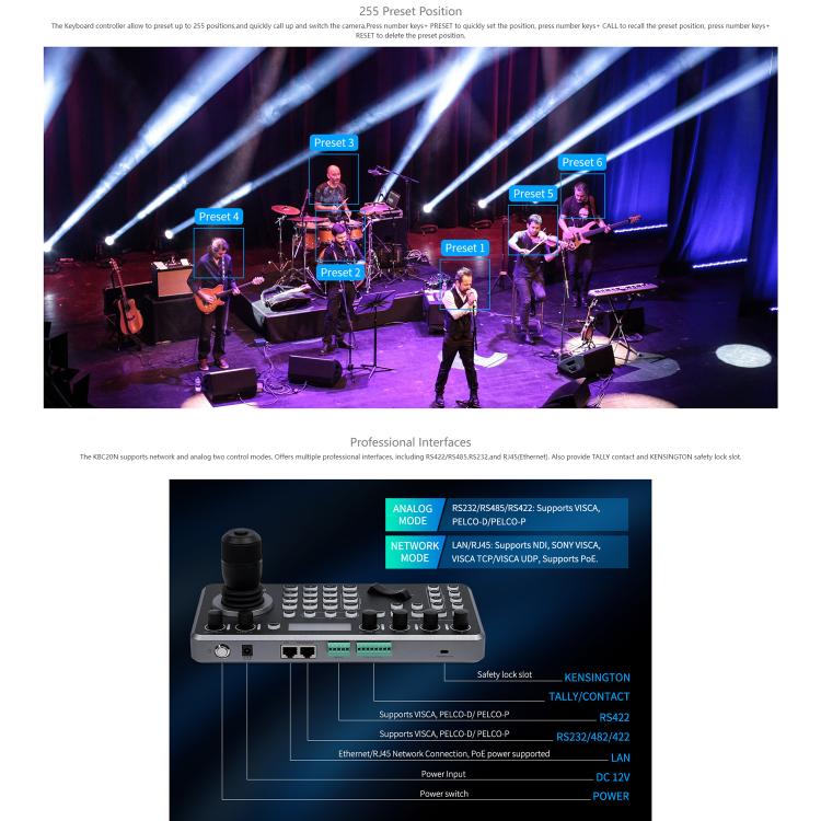 Controlador de cámara PTZ FEELWORLD KBC20N NDI con joystick y teclado, compatible con múltiples protocolos de control PoE., EU Plug, US Plug, UK Plug, AU Plug