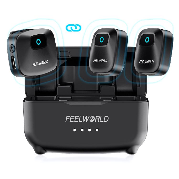 Micrófono de solapa inalámbrico FEELWORLD LM1 para teléfono, ordenador y cámara, 2 transmisores + 1 receptor + estuche de carga