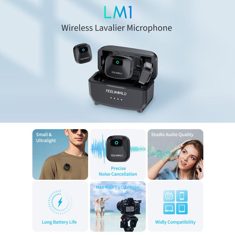 Micrófono de solapa inalámbrico FEELWORLD LM1 para teléfono, ordenador y cámara, 2 transmisores + 1 receptor + estuche de carga
