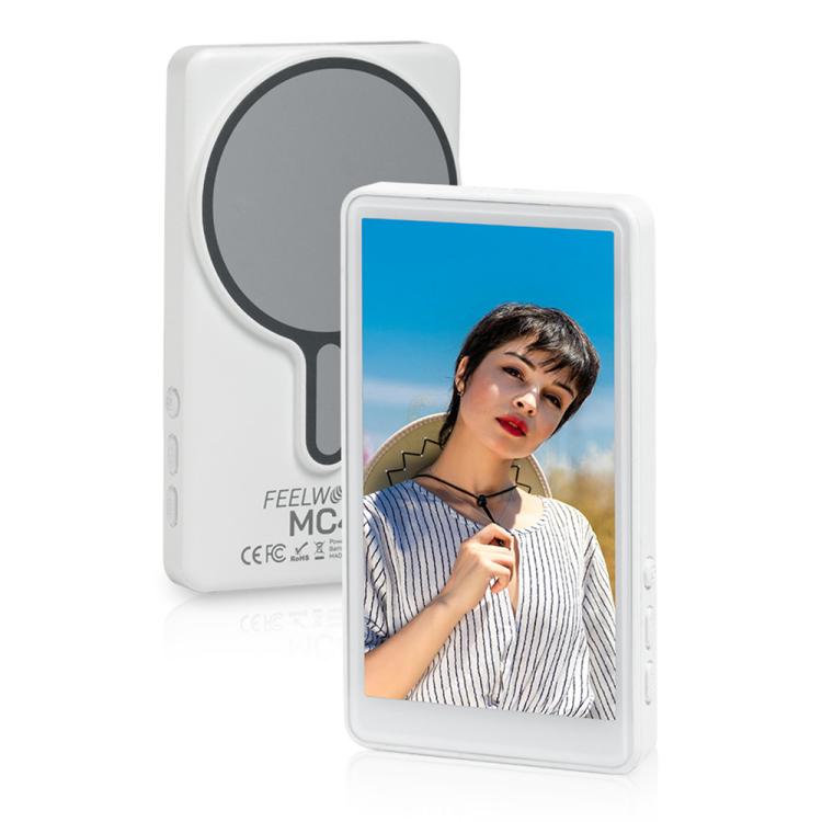 Monitor de pantalla para selfies FEELWORLD MC4 para vlogs y transmisiones en vivo, conexión inalámbrica con parte trasera magnética y control remoto.