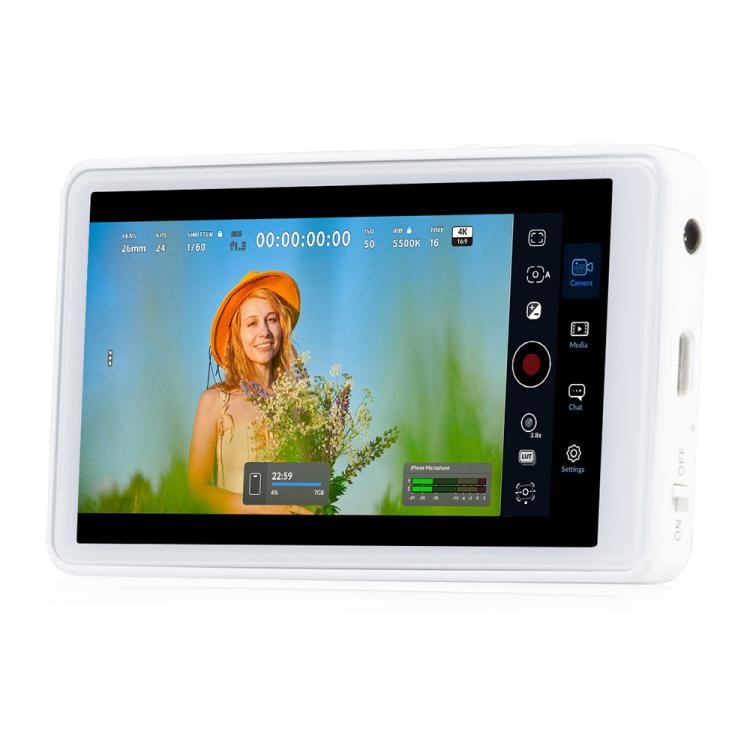Monitor de pantalla para selfies FEELWORLD MC4 para vlogs y transmisiones en vivo, conexión inalámbrica con parte trasera magnética y control remoto.