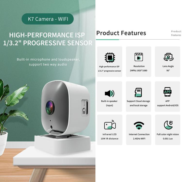 Cámara de vigilancia inalámbrica WiFi inteligente de alta definición y gran angular., 30W Pixels, 300W Pixels