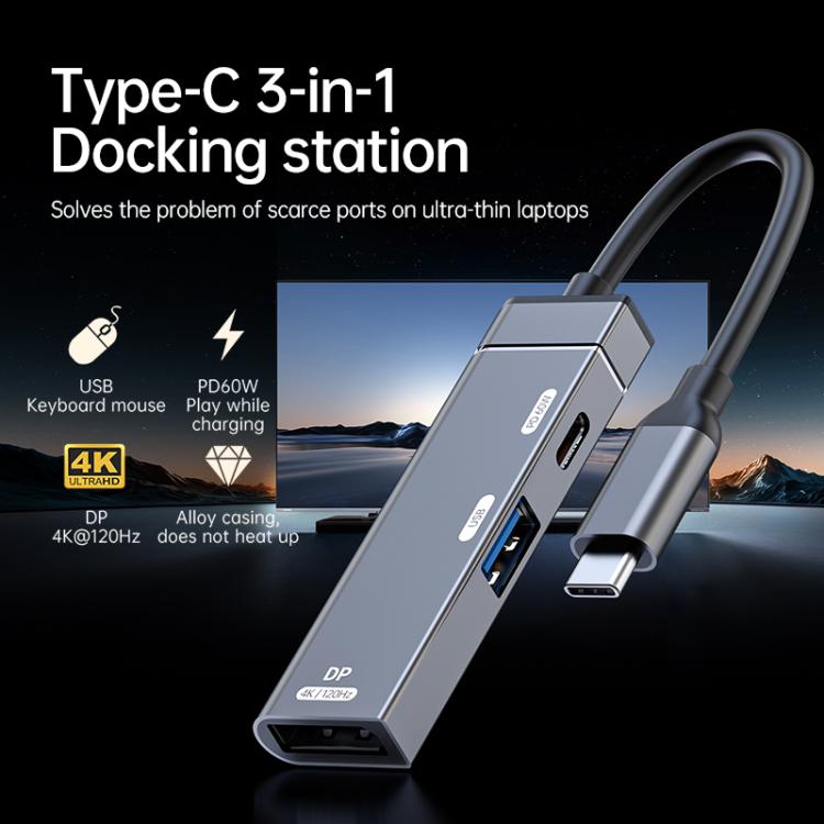 Estación de acoplamiento HUB de 60 W con puertos USB-C a USB-C, USB-A y DisplayPort 4K, Type-C to Type-C+USB+DP
