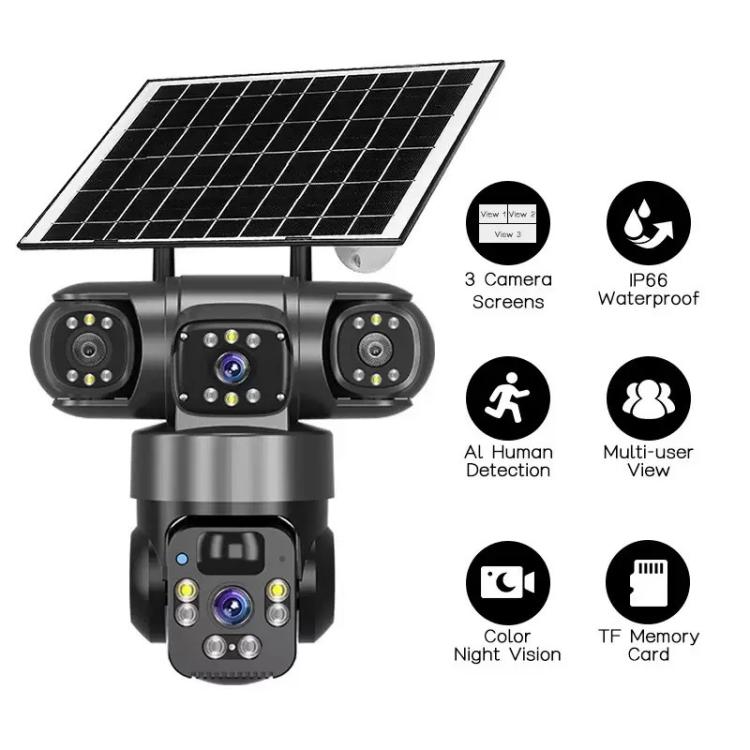 Cámara de vigilancia panorámica V380 Pro de 2 MP con triple lente de 360 grados, inalámbrica, WiFi y alimentada por energía solar.