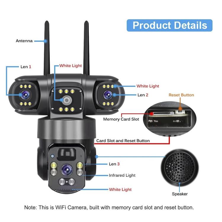 Cámara de vigilancia panorámica V380 Pro de 2 MP con triple lente de 360 grados, inalámbrica, WiFi y alimentada por energía solar.