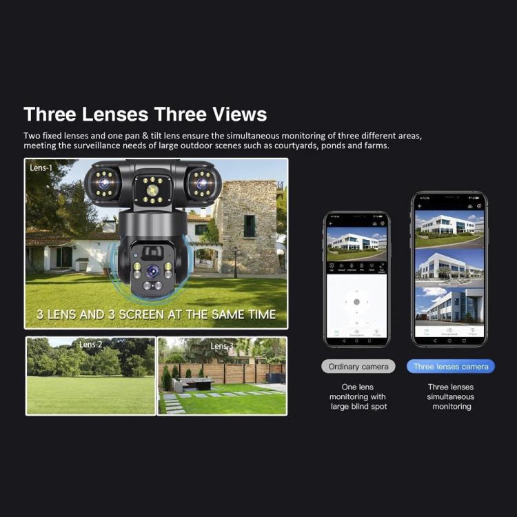Cámara de vigilancia panorámica V380 Pro de 2 MP con triple lente de 360 grados, inalámbrica, WiFi y alimentada por energía solar.