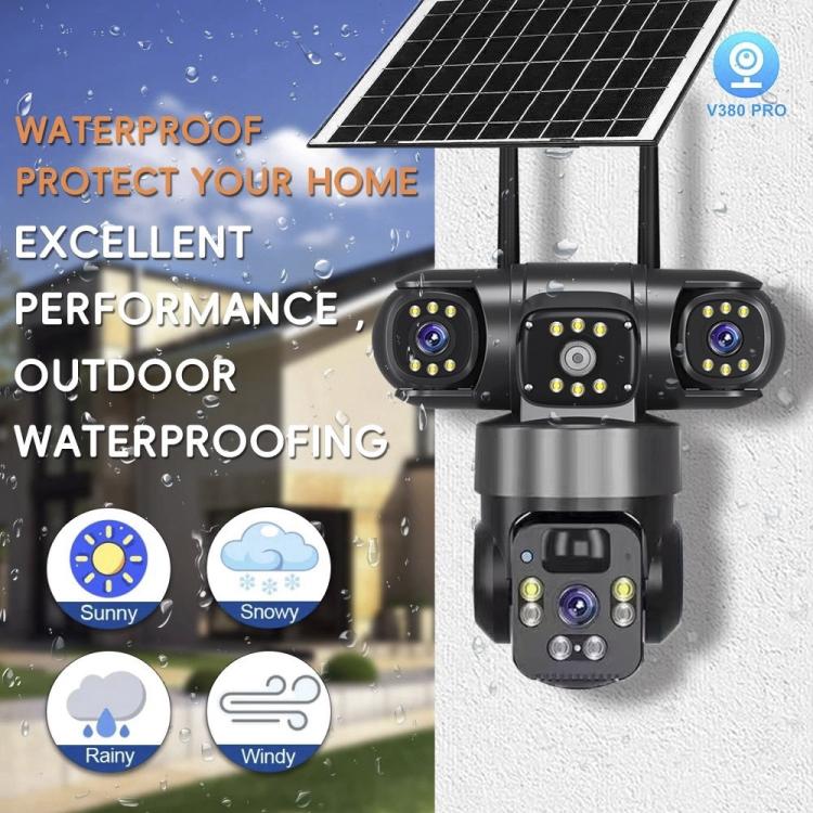 Cámara de vigilancia panorámica V380 Pro de 2 MP con triple lente de 360 grados, inalámbrica, WiFi y alimentada por energía solar.