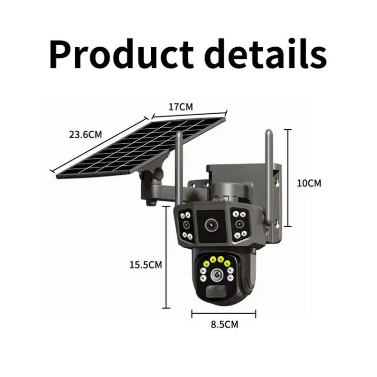 Cámara de vigilancia V380 Pro panorámica de 3 MP con doble lente, inalámbrica, WiFi y alimentada por energía solar.