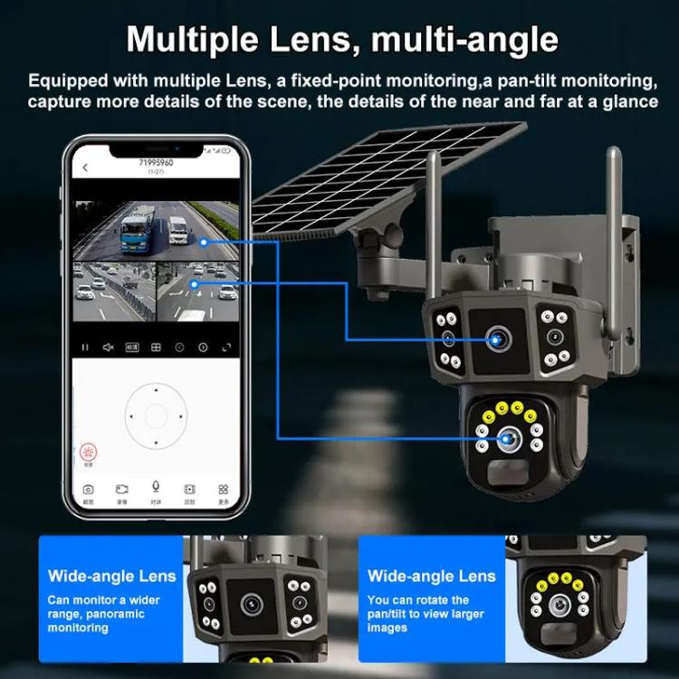 Cámara de vigilancia V380 Pro panorámica de 3 MP con doble lente, inalámbrica, WiFi y alimentada por energía solar.