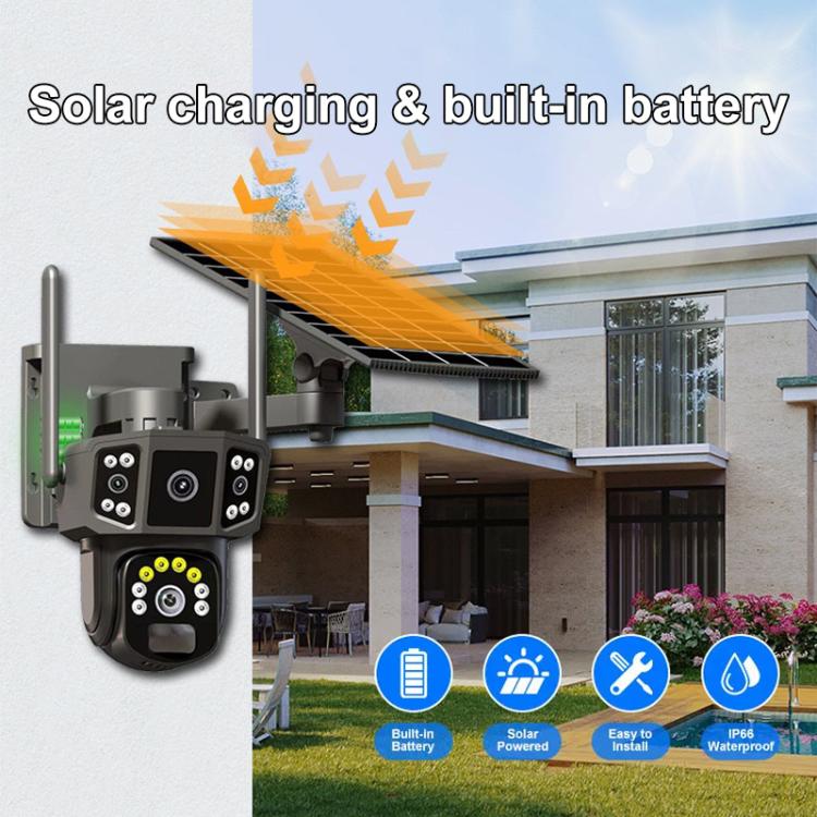 Cámara de vigilancia V380 Pro panorámica de 3 MP con doble lente, inalámbrica, WiFi y alimentada por energía solar.