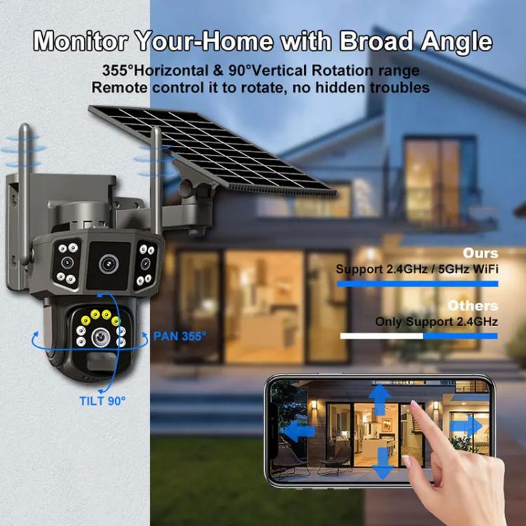 Cámara de vigilancia V380 Pro panorámica de 3 MP con doble lente, inalámbrica, WiFi y alimentada por energía solar.