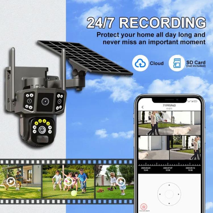 Cámara de vigilancia V380 Pro panorámica de 3 MP con doble lente, inalámbrica, WiFi y alimentada por energía solar.
