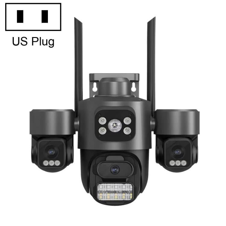 Cámara de seguridad inalámbrica WiFi ICSee de triple lente y 3 MP, cámara IP panorámica PTZ de tres pantallas con visión nocturna a todo color., US Plug, EU Plug