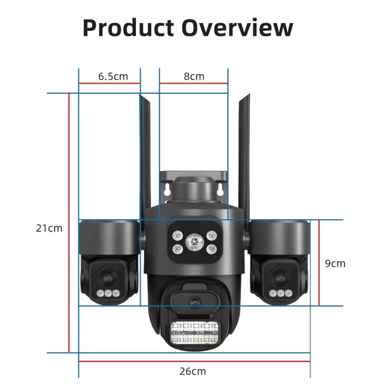 Cámara de seguridad inalámbrica WiFi ICSee de triple lente y 3 MP, cámara IP panorámica PTZ de tres pantallas con visión nocturna a todo color., US Plug, EU Plug