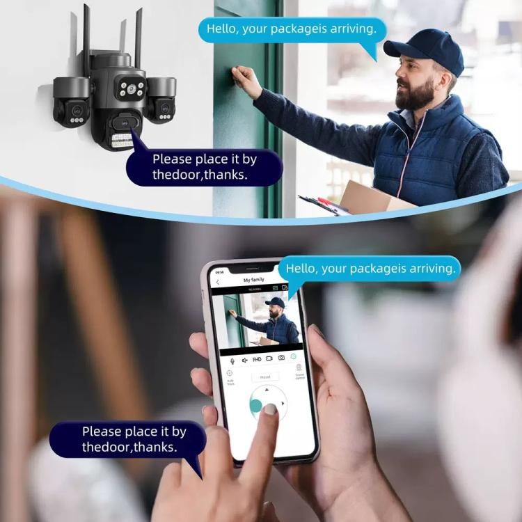Cámara de seguridad inalámbrica WiFi ICSee de triple lente y 3 MP, cámara IP panorámica PTZ de tres pantallas con visión nocturna a todo color., US Plug, EU Plug