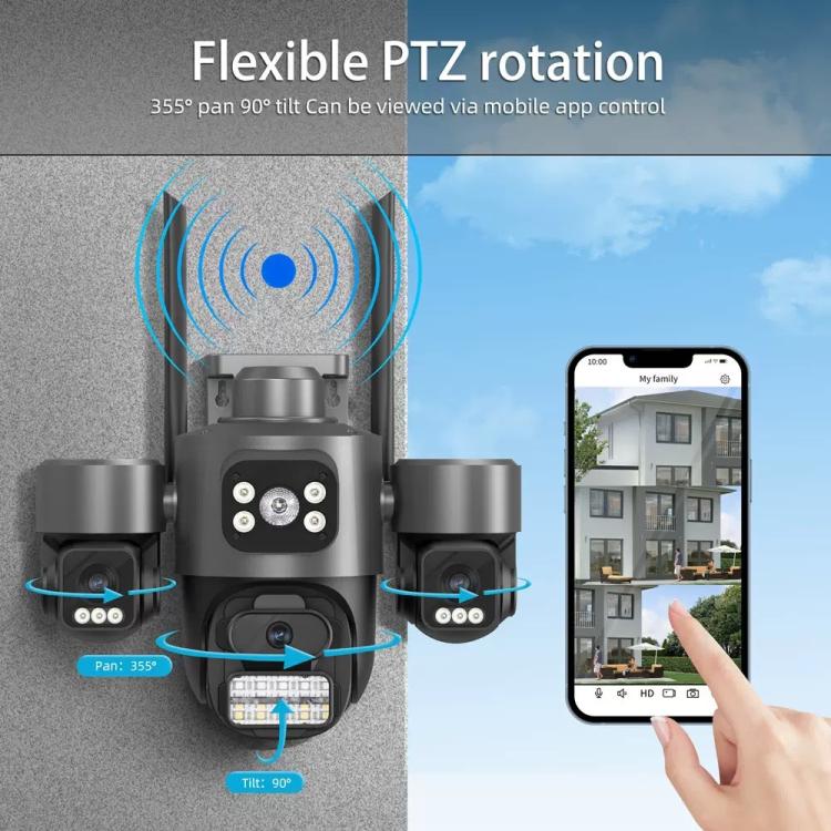 Cámara de seguridad inalámbrica WiFi ICSee de triple lente y 3 MP, cámara IP panorámica PTZ de tres pantallas con visión nocturna a todo color., US Plug, EU Plug