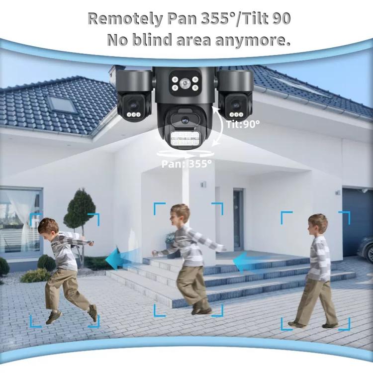 Cámara de seguridad inalámbrica WiFi ICSee de triple lente y 3 MP, cámara IP panorámica PTZ de tres pantallas con visión nocturna a todo color., US Plug, EU Plug