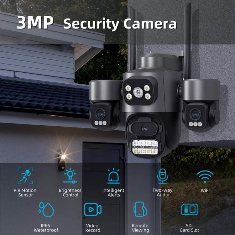 Cámara de seguridad inalámbrica WiFi ICSee de triple lente y 3 MP, cámara IP panorámica PTZ de tres pantallas con visión nocturna a todo color., US Plug, EU Plug