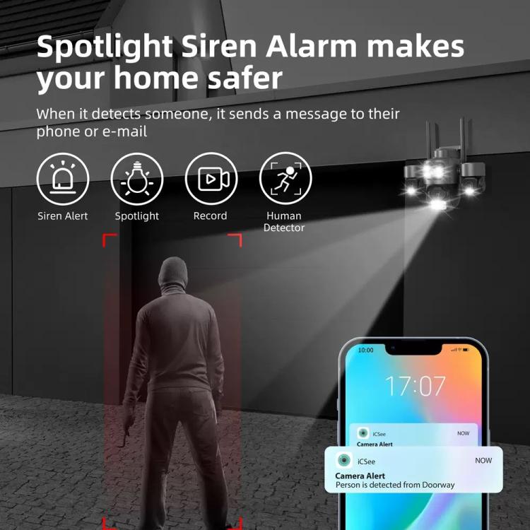 Cámara de seguridad inalámbrica WiFi ICSee de triple lente y 3 MP, cámara IP panorámica PTZ de tres pantallas con visión nocturna a todo color., US Plug, EU Plug