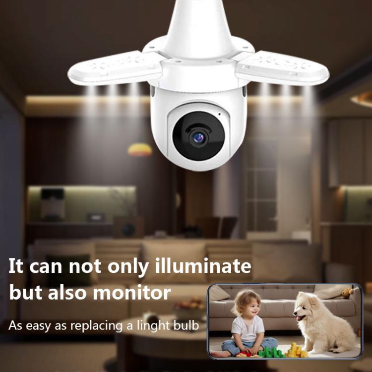 Cámara de vigilancia inalámbrica WiFi con diseño de bombilla de ventilador de tres aspas, 3MP HD., 2.4GHz, 5.0GHz