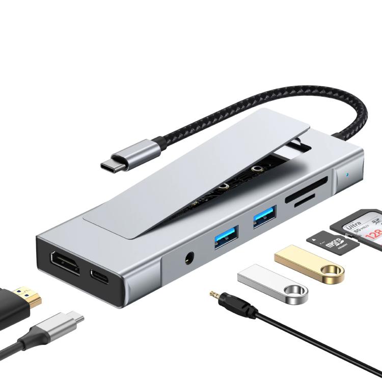 HUB 8 en 1 USB-C a SSD M.2 + HDTV + 2 x USB 3.2+ Audio + PD + Lector de tarjetas SD/TF, 8 in 1 with USB 3.2 + USB 3.2