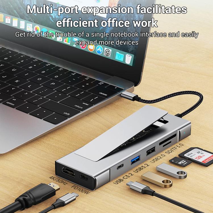 HUB 8 en 1 USB-C a SSD M.2 + HDTV + 2 x USB 3.2+ Audio + PD + Lector de tarjetas SD/TF, 8 in 1 with USB 3.2 + USB 3.2