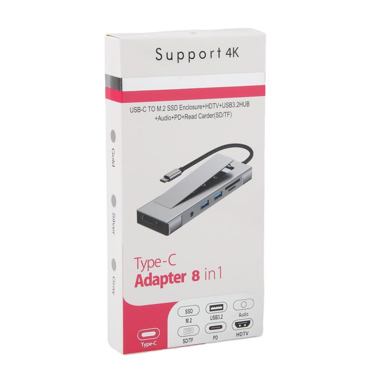 HUB 8 en 1 USB-C a SSD M.2 + HDTV + 2 x USB 3.2+ Audio + PD + Lector de tarjetas SD/TF, 8 in 1 with USB 3.2 + USB 3.2