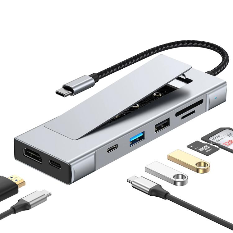 HUB 8 en 1 USB-C a M.2 SSD + HDTV + USB 3.2 + USB 2.0 + PD + Lector de tarjetas SD/TF, 8 in 1 with USB 3.2 + USB 2.0