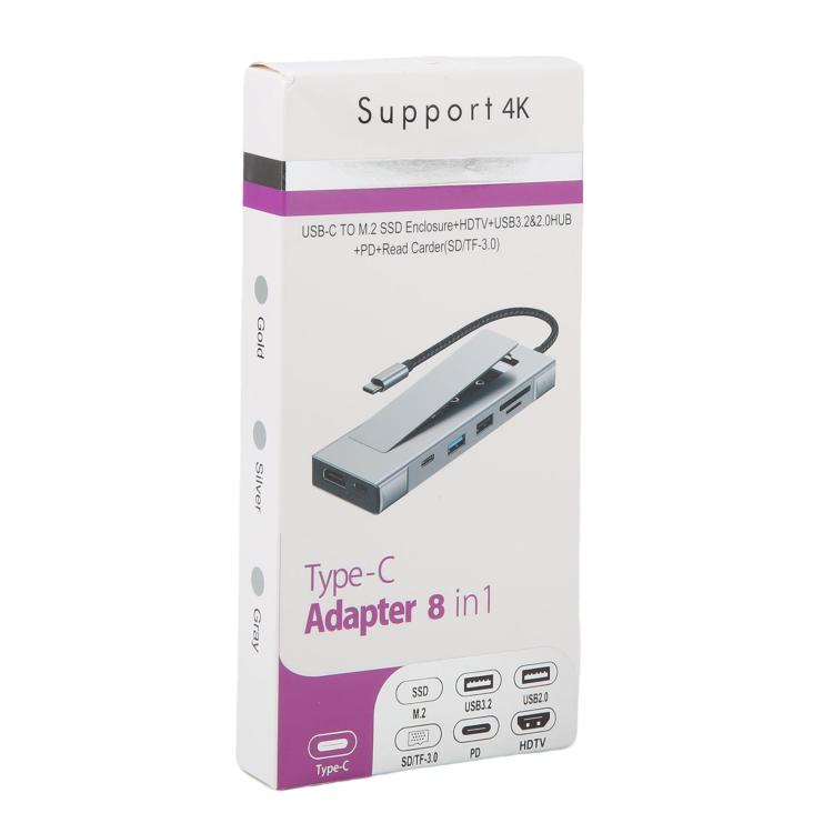 HUB 8 en 1 USB-C a M.2 SSD + HDTV + USB 3.2 + USB 2.0 + PD + Lector de tarjetas SD/TF, 8 in 1 with USB 3.2 + USB 2.0