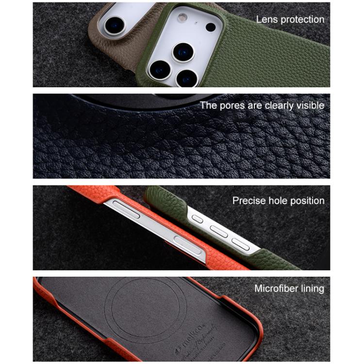Funda para teléfono de cuero genuino con textura de lichi magnética de media cobertura de melkco, For iPhone 16 Pro, For iPhone 16, For iPhone 15 Pro Max, For iPhone 15 Pro, For iPhone 15, For iPhone 14