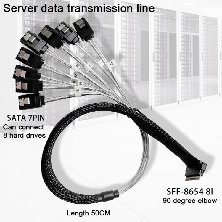 Cable adaptador de alta velocidad WG192 Slimline SAS4.0 SFF-8654 8i a SATAx8 para discos duros de servidor., 0.5m Elbow, 0.8m Straight Head