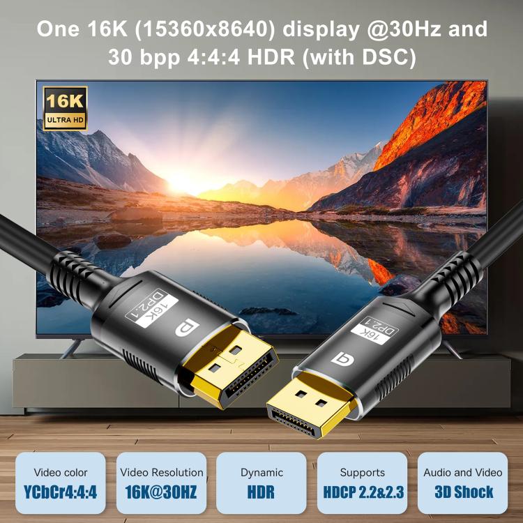 Cable adaptador HD WG231 16K 60Hz DisplayPort 2.1 macho a DisplayPort 2.1 macho, 1m, 2m, 3m