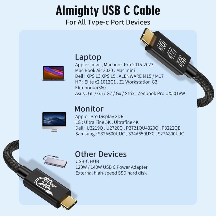 Cable de carga rápida WG240 USB/Tipo-C a Tipo-C Thunderbolt 5 de 240 W y 240 Gbps, WG240