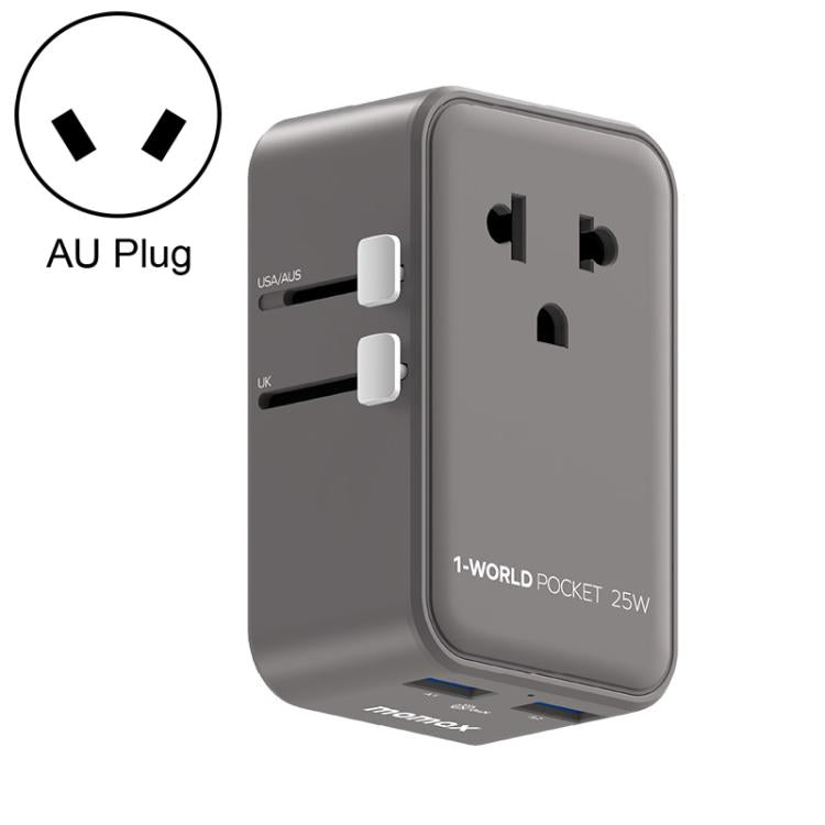 Adaptador de viaje universal MOMAX UA32 1-World Pocket de 25 W y 4 puertos con tecnología GaN ultradelgada., AU Plug, EU Plug, UK Plug, US Plug