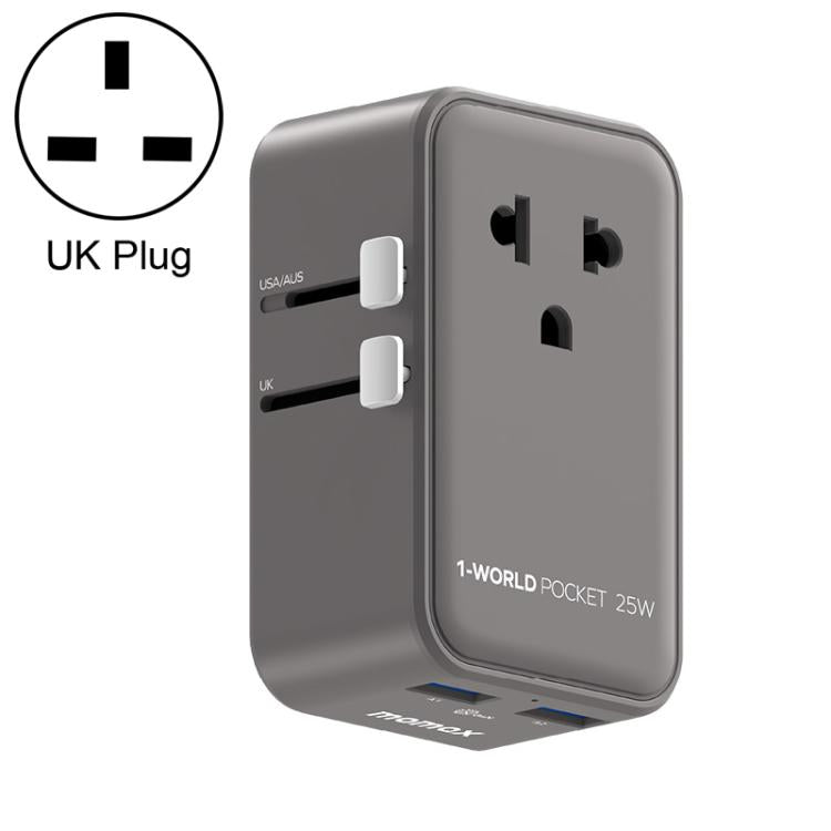 Adaptador de viaje universal MOMAX UA32 1-World Pocket de 25 W y 4 puertos con tecnología GaN ultradelgada., AU Plug, EU Plug, UK Plug, US Plug