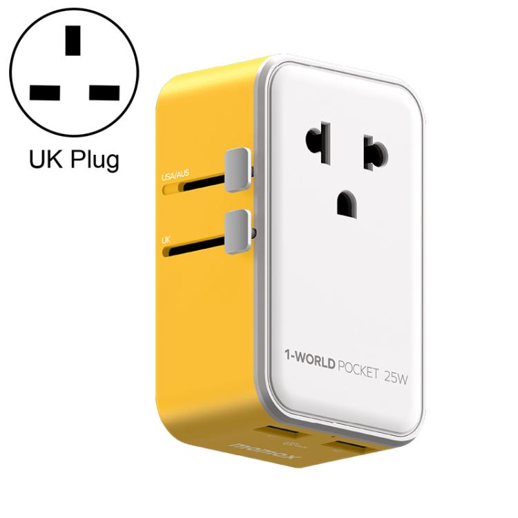 Adaptador de viaje universal MOMAX UA32 1-World Pocket de 25 W y 4 puertos con tecnología GaN ultradelgada., AU Plug, EU Plug, UK Plug, US Plug