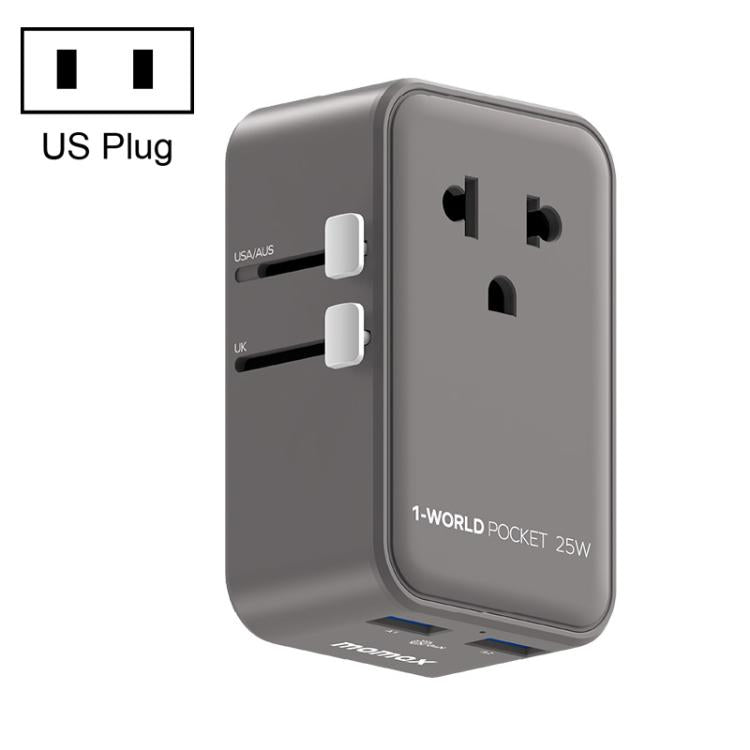Adaptador de viaje universal MOMAX UA32 1-World Pocket de 25 W y 4 puertos con tecnología GaN ultradelgada., AU Plug, EU Plug, UK Plug, US Plug