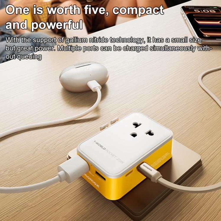 Adaptador de viaje universal MOMAX UA32 1-World Pocket de 25 W y 4 puertos con tecnología GaN ultradelgada., AU Plug, EU Plug, UK Plug, US Plug