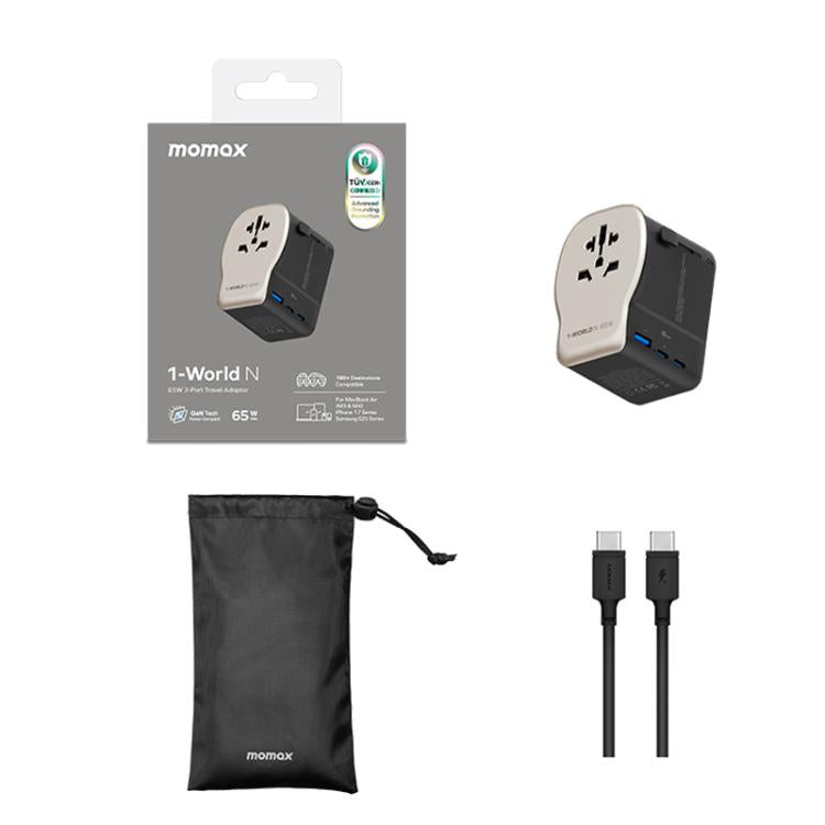 Adaptador de viaje universal MOMAX UA35 1-World N de 65 W con tres puertos GaN, AU Plug, EU Plug, UK Plug, US Plug