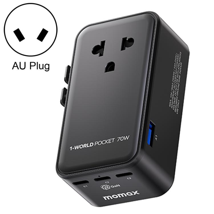 Adaptador de viaje universal MOMAX UA36 1-World Pocket de 70 W y 4 puertos con tecnología GaN ultradelgada., AU Plug, EU Plug, UK Plug, US Plug