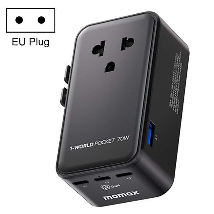 Adaptador de viaje universal MOMAX UA36 1-World Pocket de 70 W y 4 puertos con tecnología GaN ultradelgada., AU Plug, EU Plug, UK Plug, US Plug