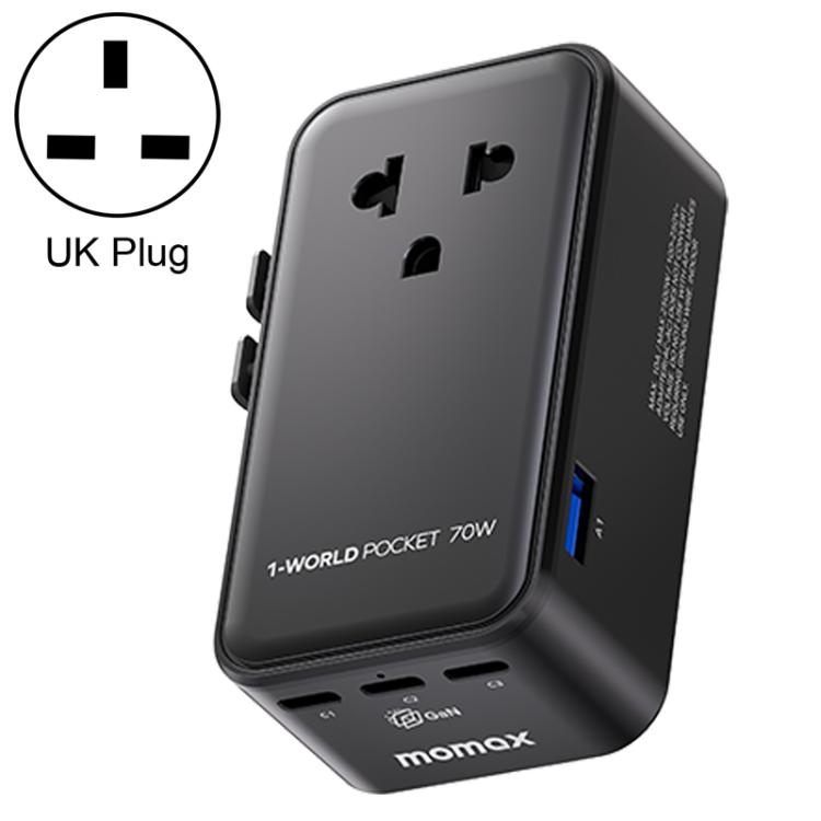 Adaptador de viaje universal MOMAX UA36 1-World Pocket de 70 W y 4 puertos con tecnología GaN ultradelgada., AU Plug, EU Plug, UK Plug, US Plug